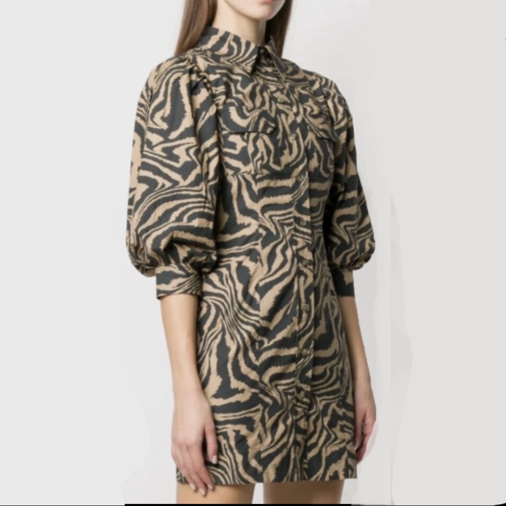 Ganni Puff Sleeve mini shirt dress tiger print